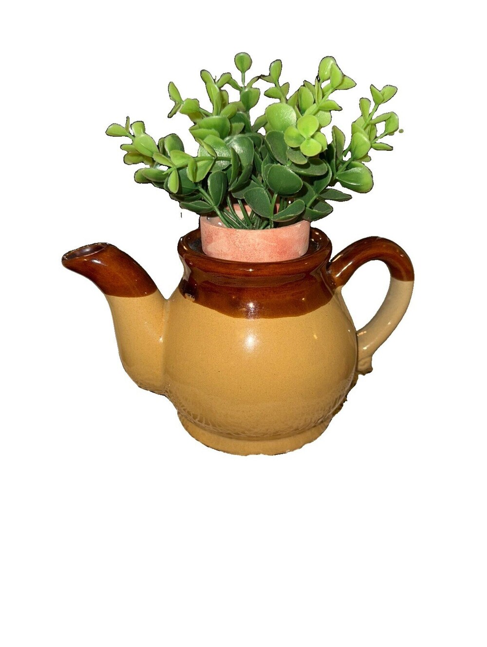 Vintage Tan & Brown Striped Stoneware Glazed Ceramic Teapot country decor no lid